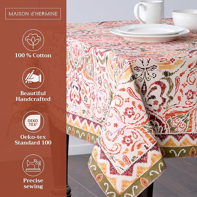 Maison d' Hermine Table Cloth Rectangle Table 100% Cotton 54 x 72 Inches Fall Tablecloth Reusable Everyday Use for Thanksgiving Christmas Decorations Dining Farmhouse Party (Damask)