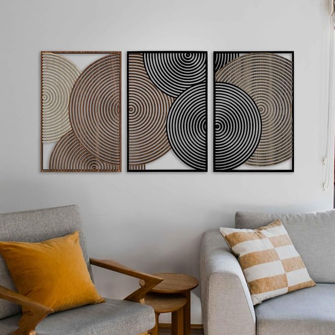 Textured Wood Wall Art with Modern Overlapping Circle Design, Mid Century Wall Panels, Abstract Geometric Wooden Decor, Boho Home Gift for Living Room and Bedroom