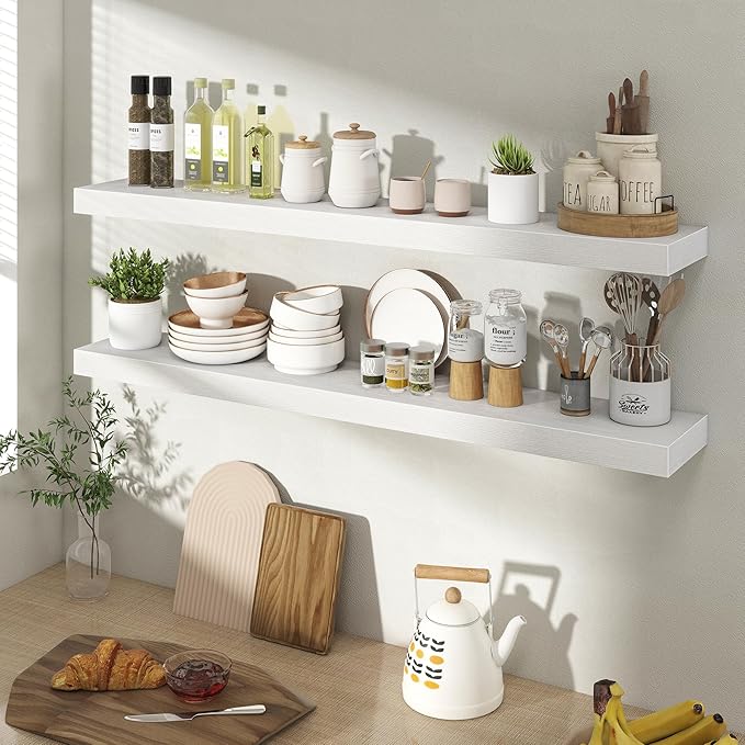 40 Inch Floating Shelves for Wall 2 Pack, 40" Wall Shelves for Books, Storage, Decor, Wall Mounted Floating Shelf with Invisible Brackets for Kitchen, Living Room, White