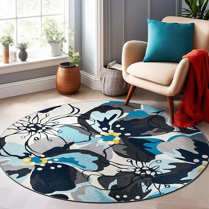 Rugshop Gray Large Floral Non-Slip Area Rug Fade Resistant for Living Room, Dining Room and Large Spaces, 8' Round