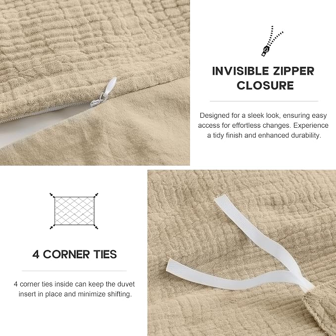 Simple&Opulence Linen Muslin Duvet Cover Set California King, 3Pcs Camel Linen Cotton 3-Layer Gauze Minimalist Comforter Cover 104”x98”, Ultra Soft Breathable Seersucker Bedding Set with 2 Pillowcases