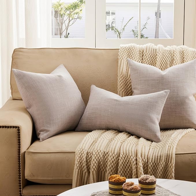ZeeMart Rustic Cotton Linen Throw Pillow Covers Set of 2, 22x22 Inch Taupe, Farmhouse Style Decorative Couch Pillow Cases Beige Cushion Covers for Sofa Bed Living Room Home Decor