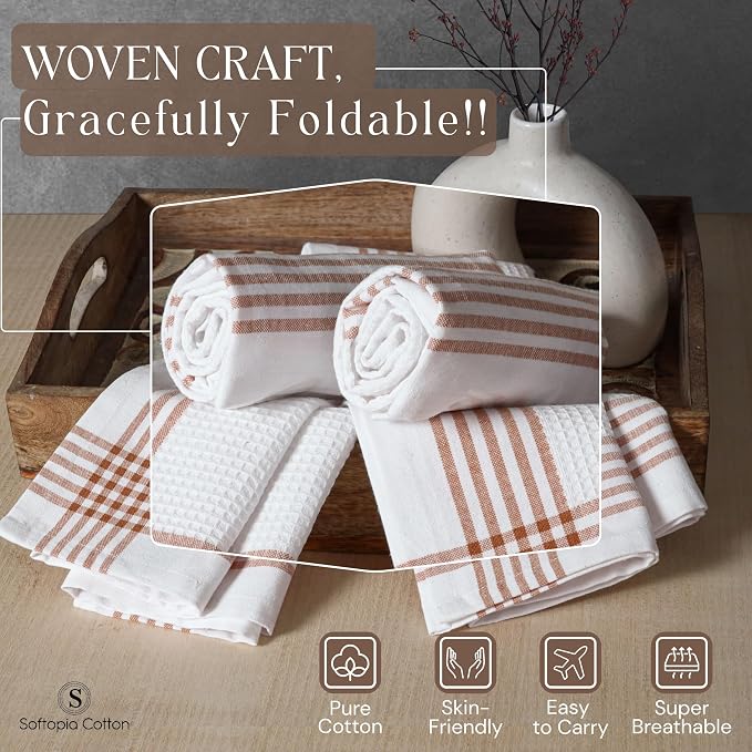 Waffle White & Brown 4 Pack Kitchen Towels Set, 100% Cotton, 16x26 inches, Professional Quality Cleaning Towel for Bar, Home, Restaurant Use, Absorbent Dish Cloths for Drying Dishes