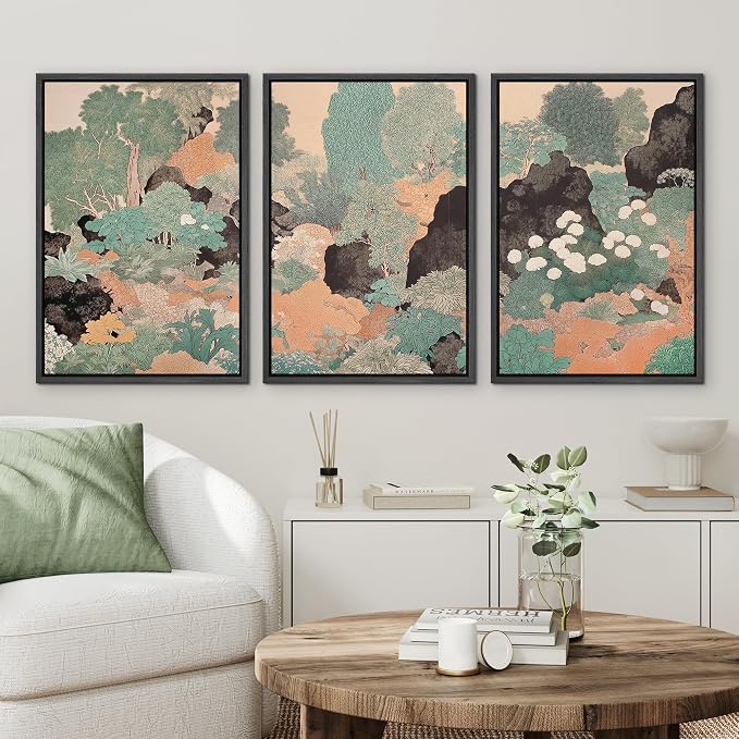 wall26 Framed Print Wall Art Set Vintage Japanese Garden Landscape Decorative Minimal Relax/Zen for Living Room, Bedroom, Office - 16"x24"x3 Black