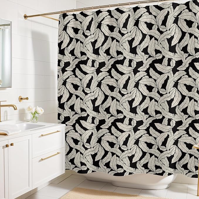 Black and Cream Banana Leaf Shower Curtain – 72x72 Tropical Botanical Fabric Bathroom Curtain, Minimalist Monochrome Design, Modern Printed Decor for Apartments, Guest Baths, or Dorms