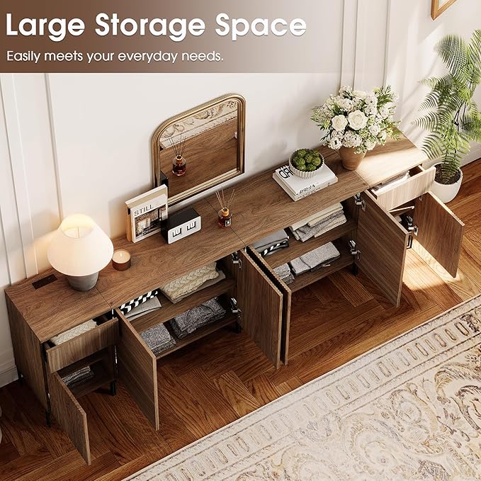 WAMPAT 94.5" Buffet Sideboard Cabinet with 2 Drawers & 6 Doors,4-in-1 Fluted Storage Credenza with Charging Station,Modern Buffet Table Coffee Bar Wine Bar Cabinet for Dining Room, Living Room,Brown