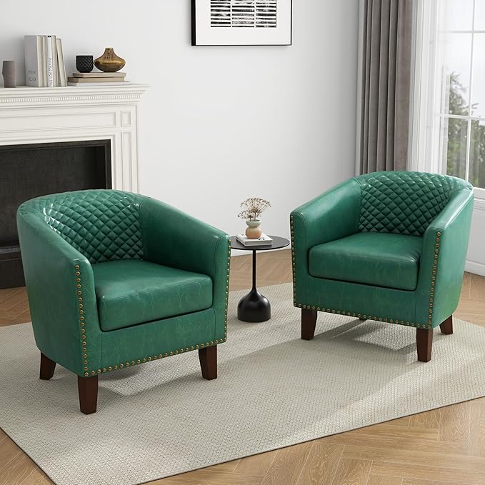 UIXE Faux Leather Barrel Accent Chairs Set of 4, Modern Club Upholstered Arm Chair, Comfy Armchair Nailed Trim Living Room Single Sofa Reading Seat Bedroom Side Sitting for Office, Green