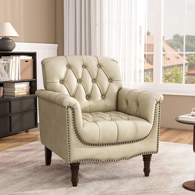 Lumibee Faux Leather Armchair, Contemporary Accent Chair with Nailhead Trims & Wood Legs for Living Room, Upholstered Comfy Arm Chair for Office,Bedroom-Beige