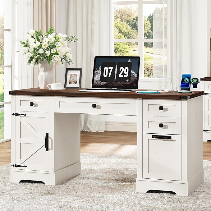 Squireewo 58'' Farmhouse Home Office Desk with Drawers, Wooden Executive Desk with Charging Station, File Drawers and Storage Cabinet, Computer Desk for Work, Study and Writing, Rustic White