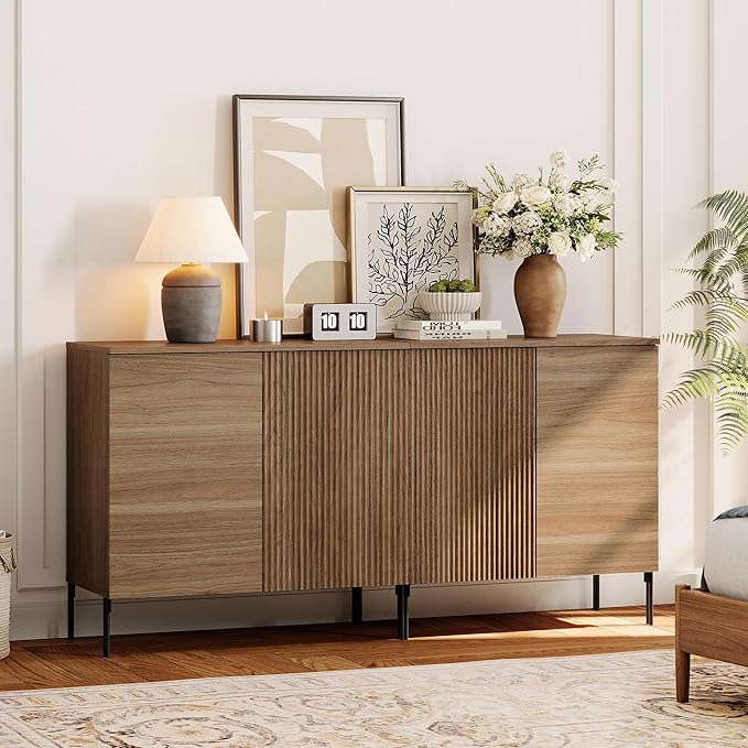 WAMPAT 63" Sideboard Buffet Cabinet with 4 Doors and Adjustable Shelves, Fluted Storage Cabinet, Modern Credenza Coffee Bar Wine Bar Table for Kitchen, Dining Room, Living Room, Light Walnut
