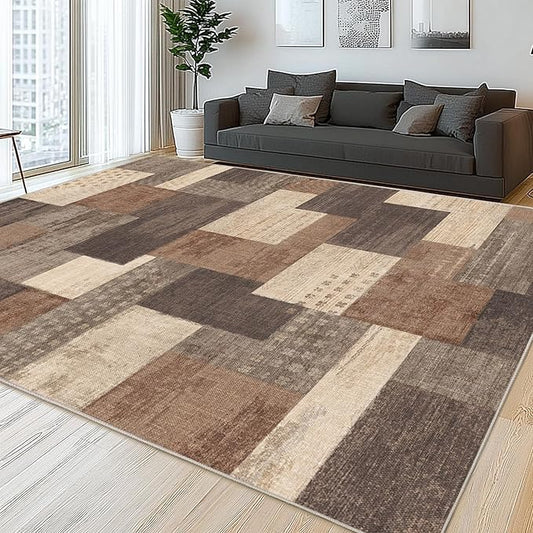 Modern Geometric Patchwork Indoor Area Rug for Living Room, Beige 4'x 6' Large Rug Rockwood Collection Hardwood Floors Decor for Bedroom, Beige Throw Carpet for Office Entryway Dining Room