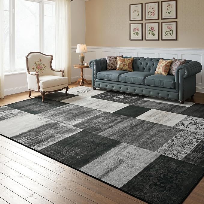 Tepook 6x9 Area Rugs for Living Room, Modern Large Geometric Rug for Bedroom, Washable Patchwork Rug Indoor Non Slip Throw Carpets for Dining Room Office Farmhouse Home Decor, Black and White
