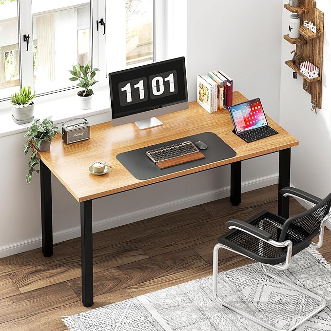 Need Computer Desk, 47 inch Home Office Desk, Modern Simple Style Home Office Gaming Desk, Basic Writing Table for Study Student, Black Metal Frame, Teak Tabletop