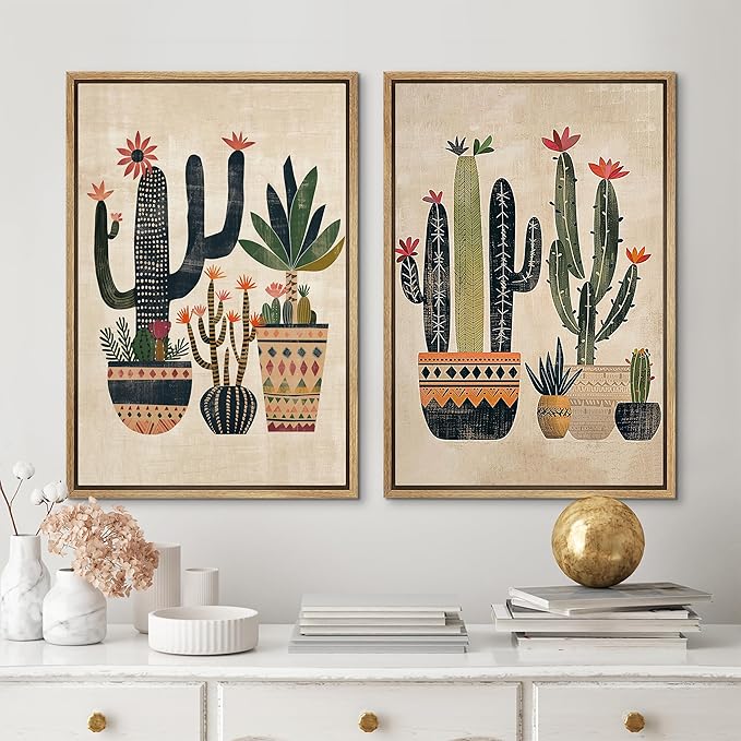 MUDECOR Framed Canvas Print Wall Art Set Mexican Cactus Tropical Botanical llustrations Modern Art Decorative Bohemian Calm/Zen for Living Room, Bedroom, Office - 24"x36"x2 Natural