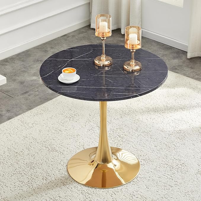 31.5 Inch Small Round Dining Table for 2-4 Person, Circle Tulip Table with Faux Marble MDF Top and Gold Metal Base,Mid Century Modern Bistro Table for Kitchen, Small Places,Living Room, Cafe