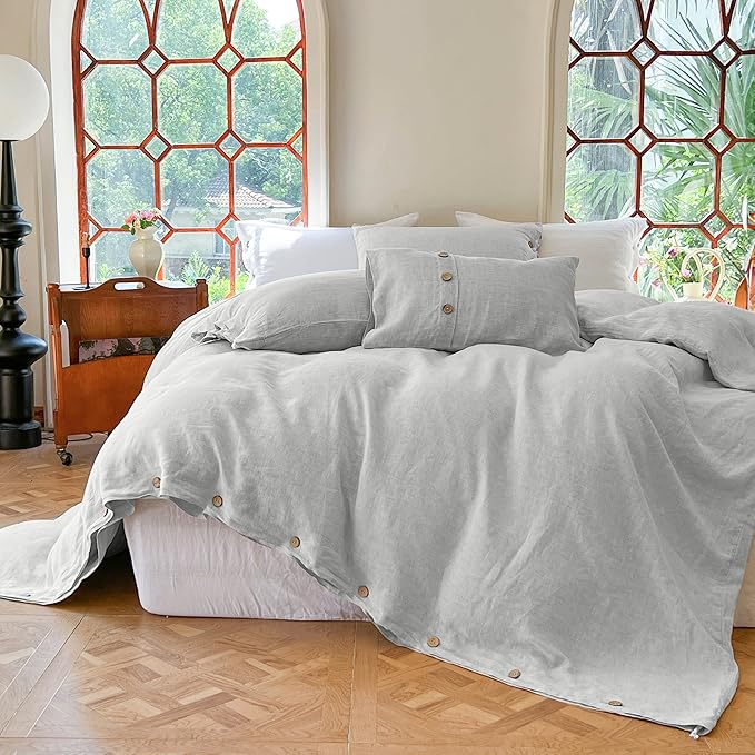 Simple&Opulence 100% Linen Duvet Cover Set 2pcs with Coconut Button Closure Natural French Washed Flax Solid Color Soft Breathable Farmhouse Bedding - Light Grey, Twin Size