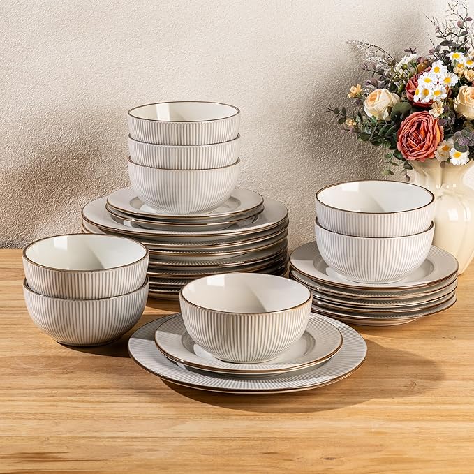 GBHOME Ceramic Dinnerware Sets, 32 pcs Embossed Elegant Stoneware Plates and Bowls Sets, Housewarming Wedding Gift | Dishwasher & Microwave Safe | Dishes Set Service for 12
