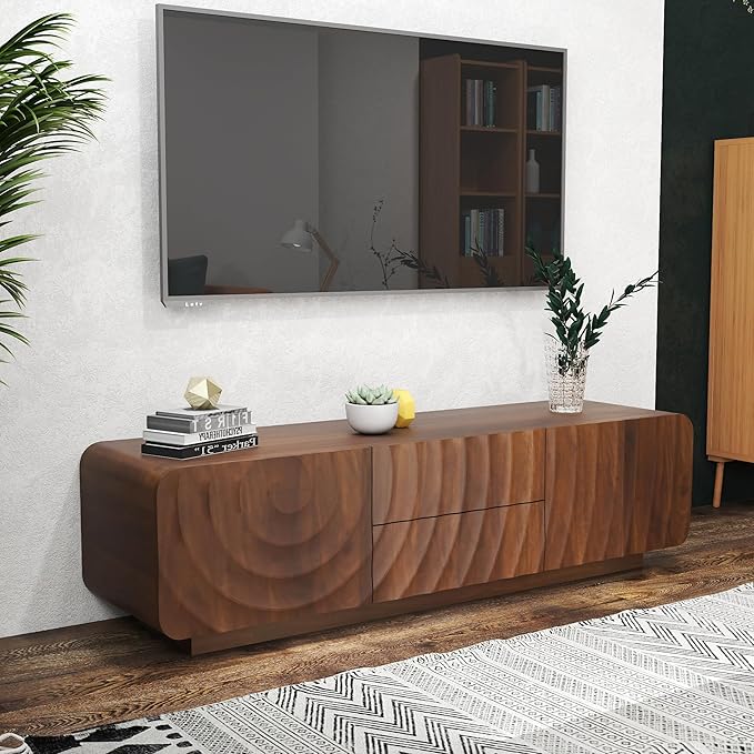 LKTART 58'' TV Stand with Storage & 2 Drawers, Modern TV Console with Water Ripple Door Panels Mid-Century Credenza Sideboard Buffet Cabinet for Kitchen & Living Room (Walnut)