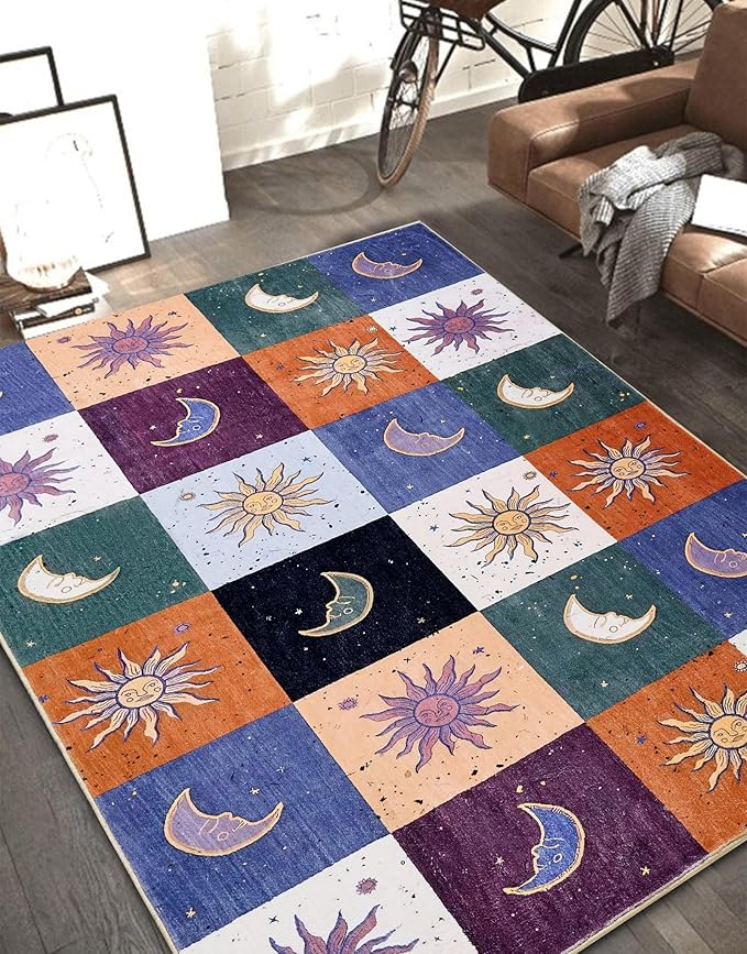 Boho Sun and Moon Washable Rug Ultra Thin, Vintage Mystical Celestial Checkerboard 4x6 Area Rug for Living Room Entryway Kitchen Dorm, Hippie Retro Aesthetic Cute Trendy Indie Bedroom Accent Carpet