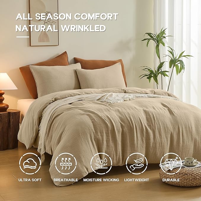 Simple&Opulence Linen Muslin Duvet Cover Set California King, 3Pcs Camel Linen Cotton 3-Layer Gauze Minimalist Comforter Cover 104”x98”, Ultra Soft Breathable Seersucker Bedding Set with 2 Pillowcases
