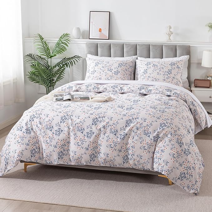 HoneiLife King Size Duvet Cover - 100% Cotton Comforter Cover, Soft & Breathable Floral Bedding Duvet Cover Sets with Zipper Closure & Corner Ties, 3-PC Wildflower Comforter Cover Sets, Blue Leaves