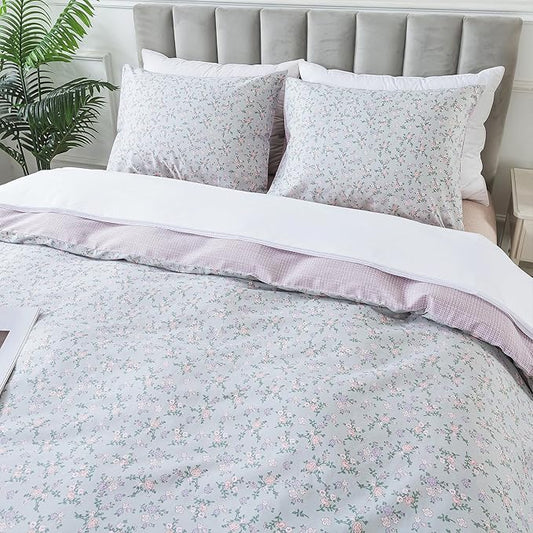 HoneiLife Floral Duvet Cover King - 100% Cotton Comforter Cover, Botanical Bedlinen Set with Zipper Closure & Corner Ties, 3-PC Wildflower Comforter Cover Sets