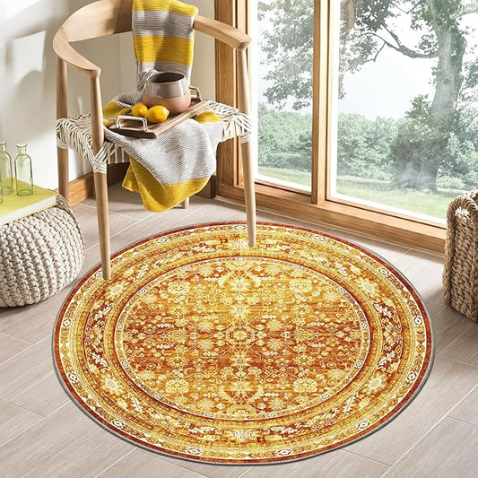 OPPODREAM Vintage Orange Round Rug 3ft, 3 ft Retro Washable Circle Rug Non Slip, Low-Pile Faux Wool Circular Carpet, Distressed Floor Mat for Living Room, Bedroom, Office, Dorm, Dinning Room
