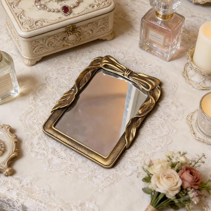 Vintage Rectangular Vanity Desk Mirror - 8x6Inch Wall-Mounted & Tabletop Decorative Ornate Gold Accent Retro Makeup Mirror for Bedroom Dresser Living Room Bathroom Dorm Champagne Gold