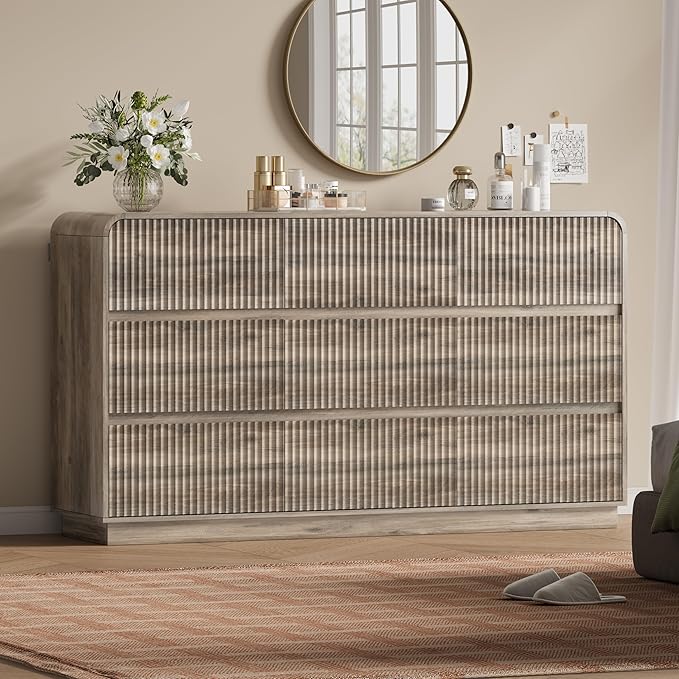 Grey Dresser Fluted 9 Drawers Dresser for Bedroom, 59" Wide Wood Chest of Drawers with Hidden Handles & Rounded Corners, Modern TV Stand Storage Cabinet for Living Room, Hallway, Entryway, Gray