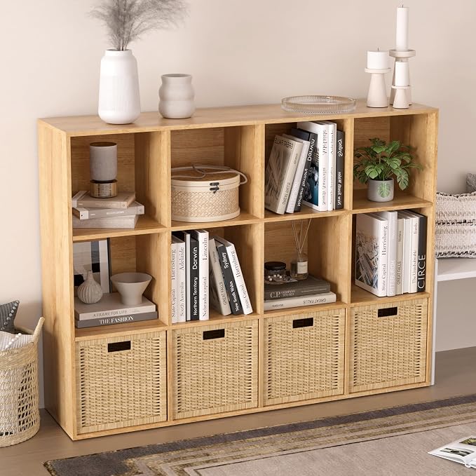 Wooden 12 Cube Storage Organizer with Closed Back Panel,Natural Oak Cube Shelf Cubby Storage Organizer with Compartments for Living,Bookshelf, Easy to Install (Oak, 12-Cube-11in)