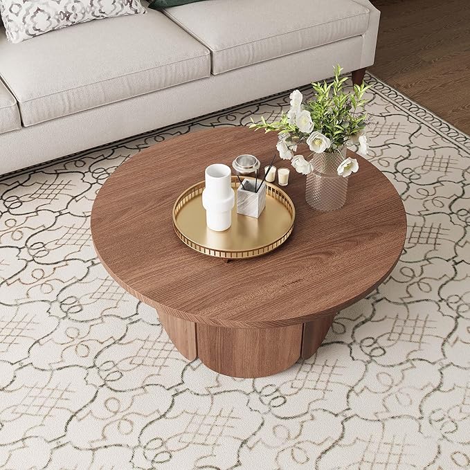 31.5” Round Small Coffee Table - Premium Wood Modern Center Tables with Petal-Shaped Base for Living Room, Apartment & Small Space, Easy Assembly