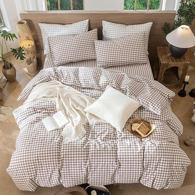 MooMee Gingham Duvet Cover Set 100% Washed Cotton Linen Like Textured Breathable Durable Soft Comfy Modern Checkered Design (Brown Gingham, Oversized Queen 98"x98")