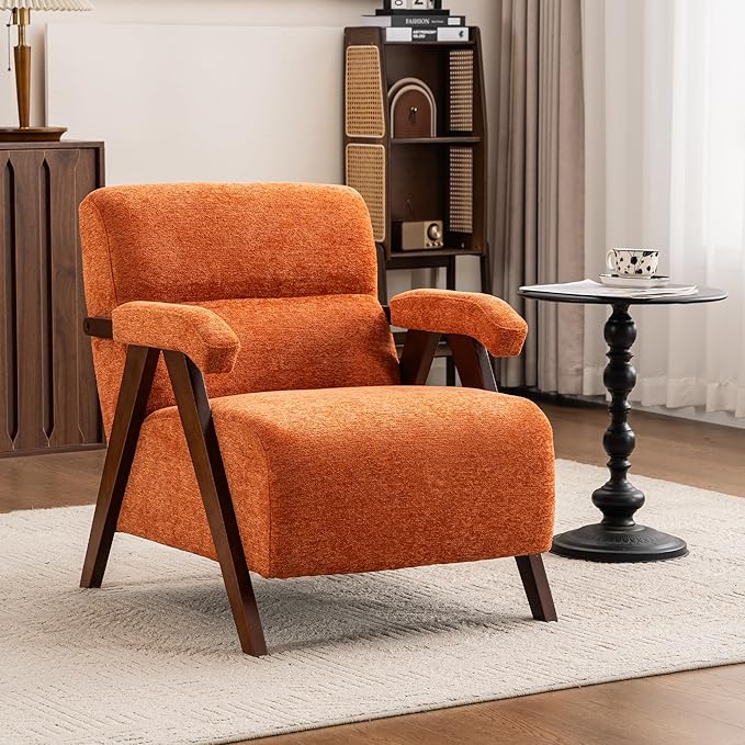 Accent Chair Mid Century Modern Living Room Chairs with Thick Cushion Comfy Upholstered Armchair Cozy Small Side Chairs for Reading Room Bedroom Orange