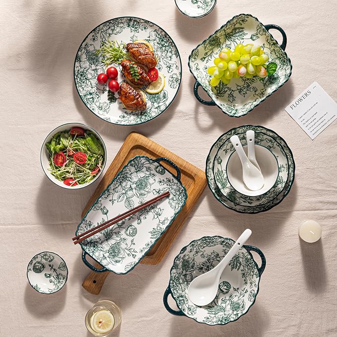 48-Piece Ceramic Dinnerware Set, Service for 8, Vintage Green Rose Floral Plates and Bowls Sets, Microwave & Dishwasher Safe, Porcelain Dinnerware Set for Kitchen & Dining