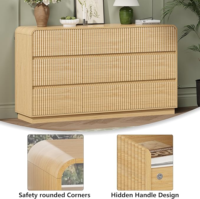 Oak Dresser Fluted 9 Drawers Dresser for Bedroom, 59" Wide Wood Chest of Drawers with Hidden Handles & Rounded Corners, Modern TV Stand Storage Cabinet for Living Room, Hallway, Entryway