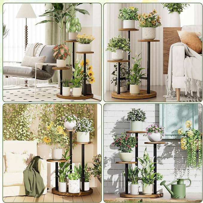 3 Tiers Wood Plant Tables Indoor Plant Stand Tall Metal Wood Plant Shelf Outdoor Indoor Plant Table Rack Tiered Plant Stand Garden Accessories for Living Room Balcony Patio - BlackRound
