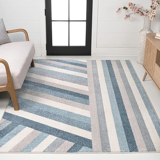 JONATHAN Y Retro Rainbow Stripe Indoor Area Rug 3x5, Blue/Cream/Gray, Contemporary, Casual, Coastal, Easy-Cleaning for Living Room, Bedroom, Kitchen, Pet Friendly, Non-Shedding (DZC102B-3)