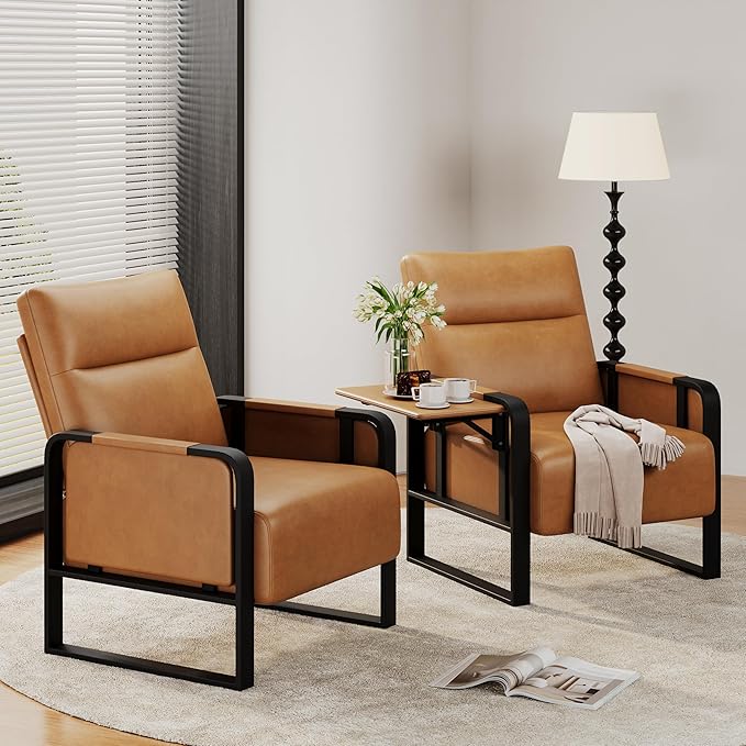 Upholstered Living Room Chair Armchair Set of 2, Mid Century Faux Leather Metal Accent Chair, Reception Couch Office Guest Chair Slipper Club Lounge Single Sofa with Sidetable for Bedroom-Light Brown