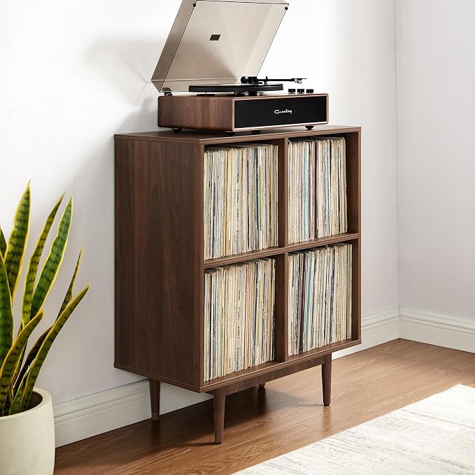 Crosley Furniture Liam Vinyl Record Storage 4 Cube Media Stand for Turntables, Mid-Century Modern Bookshelf, Walnut
