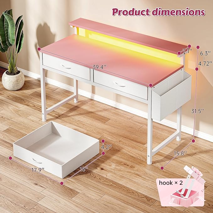 DurayLoly 39.4Inch Office Computer Desk with LED Lights & 2 Fabric Drawers, Gaming Desk with Side Pocket & Ergonomic Monitor Stand, Small Space Study Writing Table with Anti-Tip Design,Pink