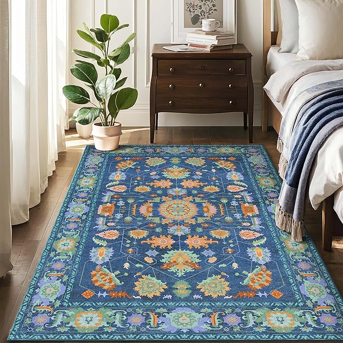 Kokia Green Living Room Area Rug Washable Non Slip Low Pile 6x9 Vintage Oushak Stain Resistant Soft Oriental Rugs for Bedroom, Dining Room, Kitchen, Indoor Leisure Rooms, Nova Peacock