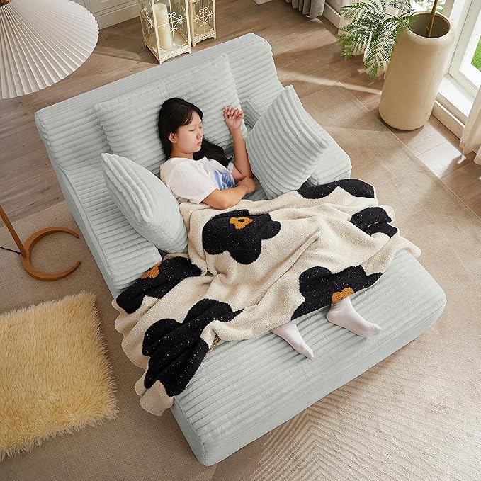 50" Indoor Oversized Chaise Lounge, Corduroy Upholstered Sleeper Chair with 3 Pillows & Armrests, Spring Cushion Lazy Sofa Bed for Living Room Apartment, Light Grey