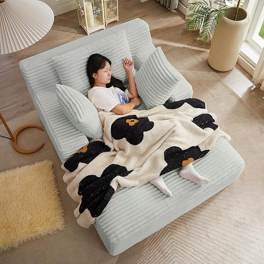 50" Indoor Oversized Chaise Lounge, Corduroy Upholstered Sleeper Chair with 3 Pillows & Armrests, Spring Cushion Lazy Sofa Bed for Living Room Apartment, Light Grey
