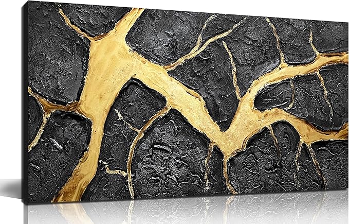 DNIEOTU Abstract Wall Art for Living Room, Black and Gold Hand-Painted Canvas Wall-Decor for Bedroom, 3D Textured Paintings, Size 40 x 20 Inches