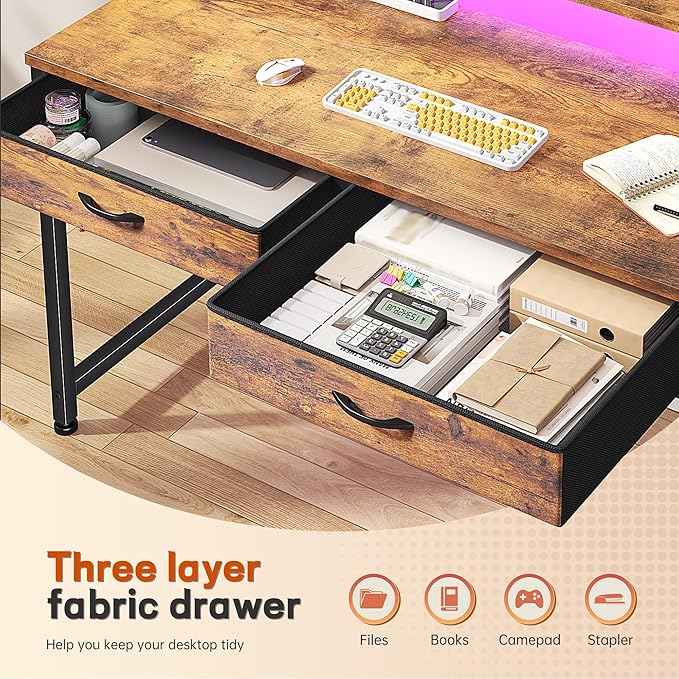 Gaming Desk with LED Lights & 2 Fabric Drawers, 39.4Inch Home Office Computer Desk with Side Pocket & Ergonomic Monitor Stand, Small Space Study Writing Table with Anti-Tip Design, Rustic Brown