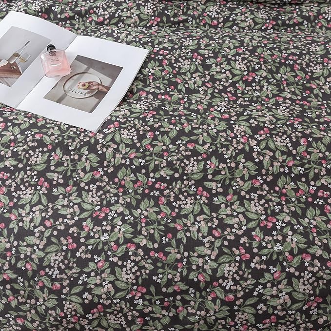 HoneiLife Duvet Cover Queen Size - Cotton Comforter Cover Floral Duvet Cover Sets 3-PC, Soft Bedlinen for Set with Zipper Closure & Corner Ties, Wildflower Comforter Cover Sets,Berry