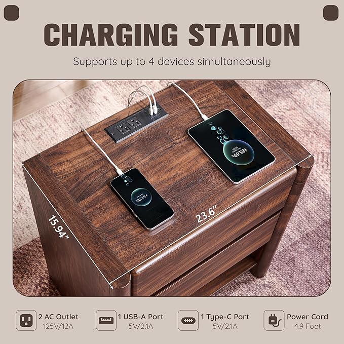 25" Tall Modern Nightstand Set of 2, 23.6" W Nightstand with Charging Station & 2 Storage Drawers & Open Shelf, Wood Night Stand w/Rounded Corner Design for Bedroom, Living Room (Brown)