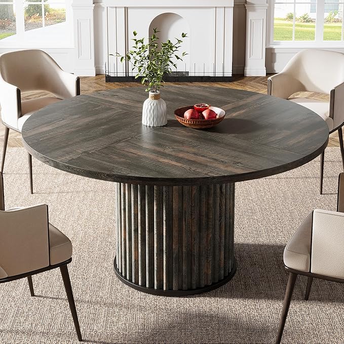 Tribesigns 47.24-Inch Round Dining Table for 4-6 People, Modern Fluted MDF + Metal Base Kitchen Table, Sturdy Circle Dining Room Furniture, Black Brown