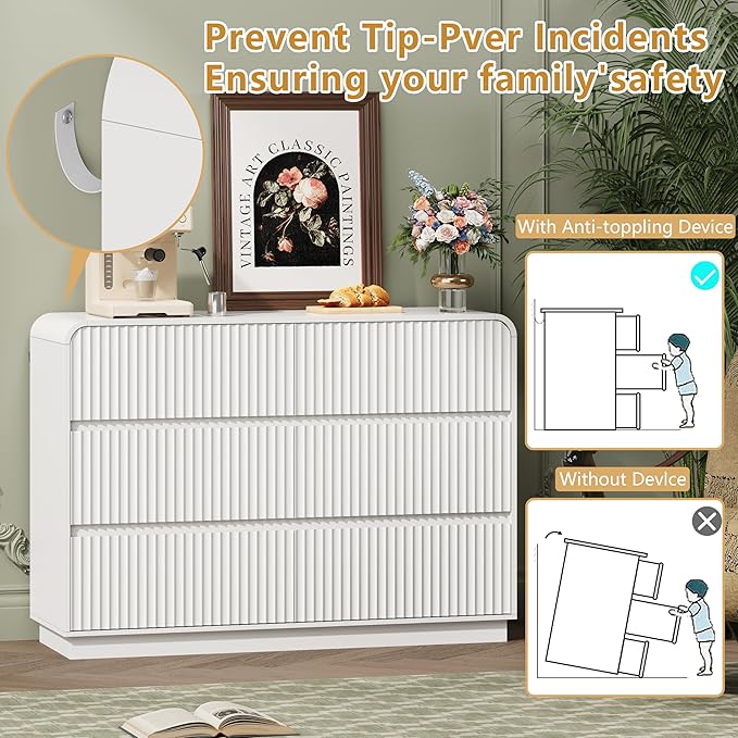 White Dresser Fluted 6 Drawers Dresser for Bedroom, 47" Wide Wood Chest of Drawers with Hidden Handles & Rounded Corners, Modern TV Stand Storage Cabinet for Living Room, Hallway, Entryway
