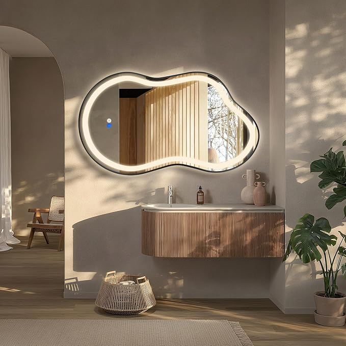 Dorlicecass Irregular Led Bathroom Mirror- Black 26"x46" Single Piece Vanity Mirror with Lights IP54 Enhanced Anti-Fog, 3 Colors Dimmable, Memory,Tempered Glass,UL Listed